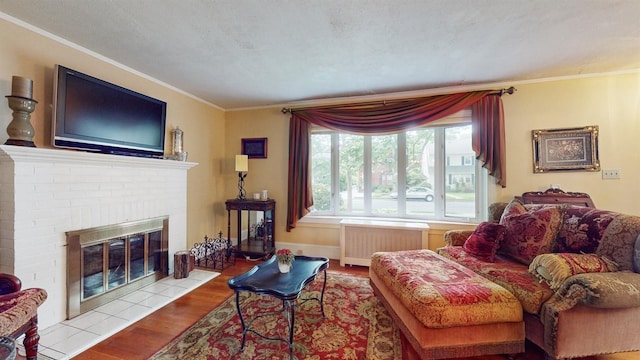 living room featuring ornamental molding, light hardwood / wood-style flooring, radiator, and a fireplace