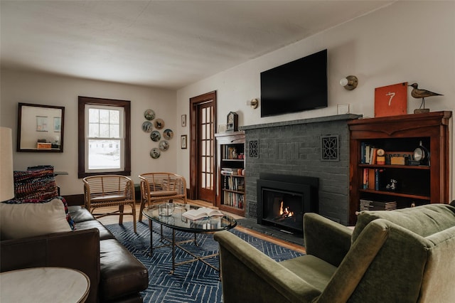 living room with a fireplace