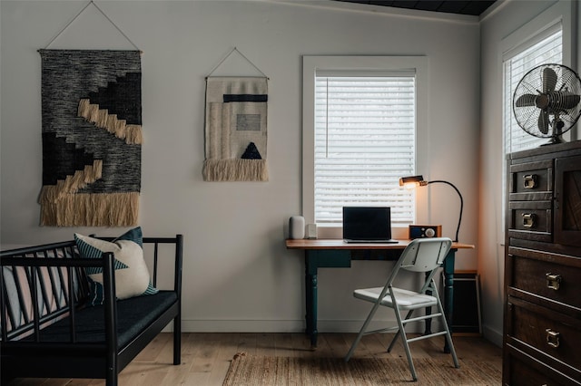 office with a wealth of natural light and light hardwood / wood-style flooring