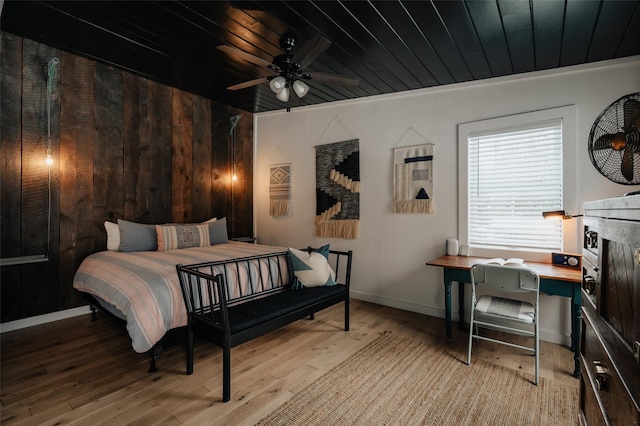 bedroom featuring ceiling fan, wooden ceiling, and light hardwood / wood-style flooring