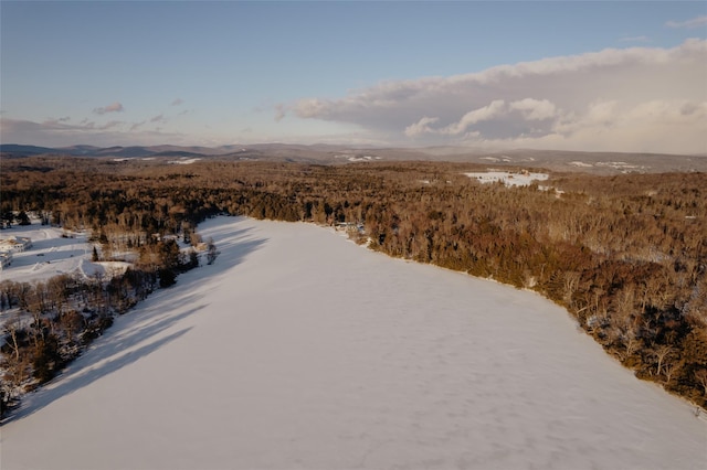 snowy aerial view featuring a mountain view