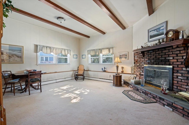 carpeted living room featuring a brick fireplace and beam ceiling