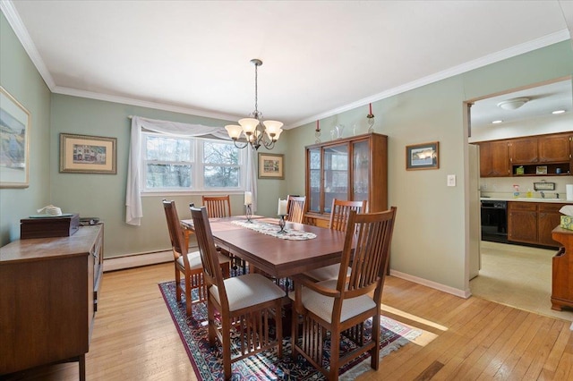 dining room with light wood-type flooring, ornamental molding, a baseboard radiator, and an inviting chandelier