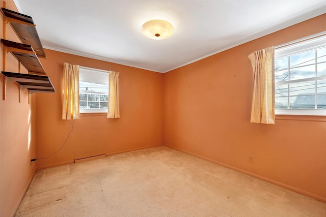 unfurnished room featuring crown molding and light colored carpet