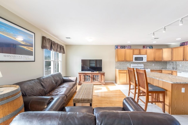 living room featuring sink, light hardwood / wood-style floors, and rail lighting