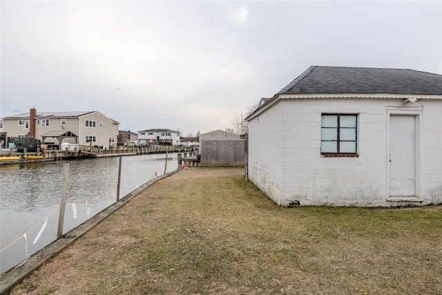 exterior space featuring a water view