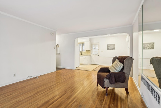 living area featuring sink, radiator heating unit, light wood-type flooring, and ornamental molding