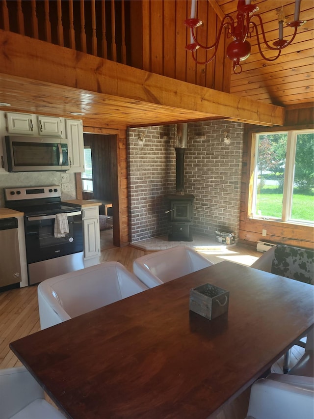 1139 State Route 17b, Mongaup Valley, NY 12762 - kitchen featuring appliances with stainless steel finishes, plenty of natural light, light wood finished floors, a chandelier, and wooden walls