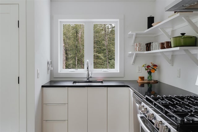 kitchen featuring stainless steel gas stove, sink, white cabinetry, and dishwasher