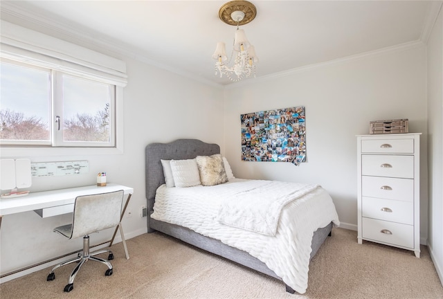 bedroom with ornamental molding, light colored carpet, and a chandelier