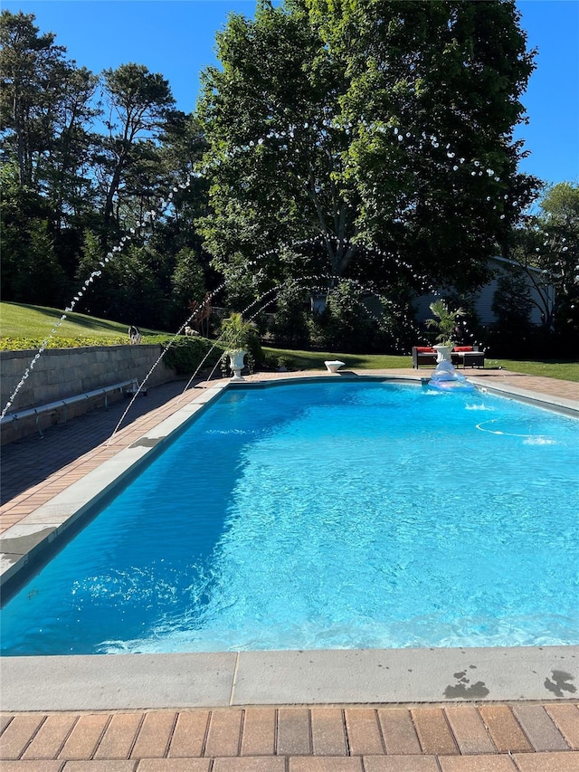 view of swimming pool featuring a diving board