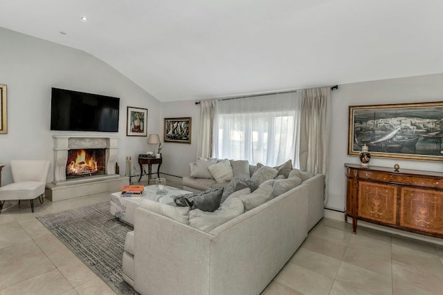 tiled living room featuring vaulted ceiling