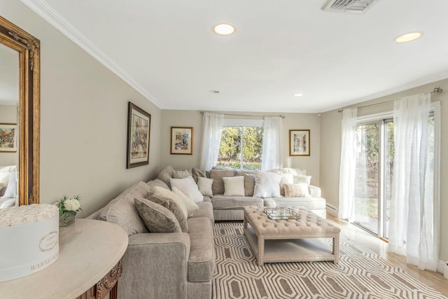 living room featuring ornamental molding and a healthy amount of sunlight