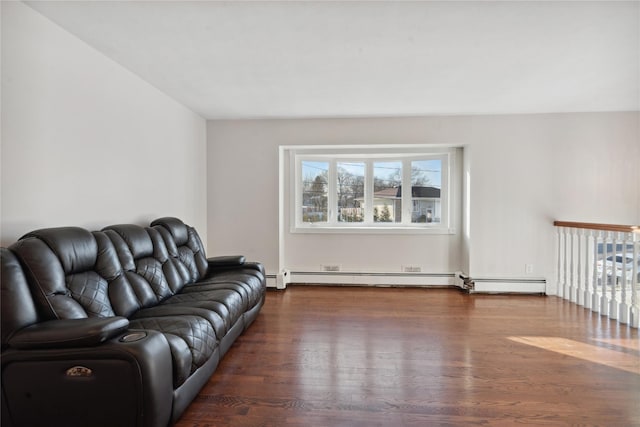 living room featuring a baseboard radiator and dark hardwood / wood-style flooring