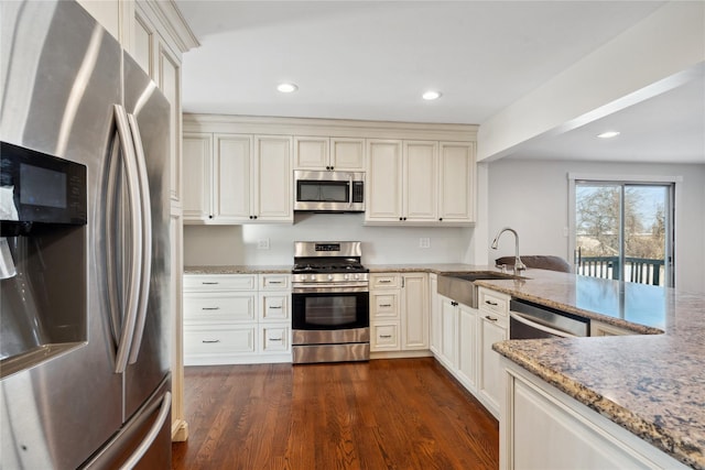 kitchen with light stone countertops, sink, dark hardwood / wood-style flooring, and stainless steel appliances