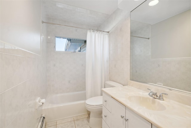 full bathroom with toilet, vanity, tile walls, tile patterned floors, and shower / bath combo with shower curtain