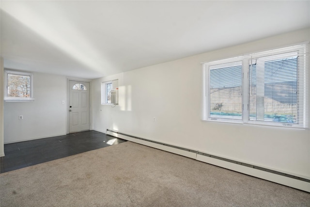 spare room featuring dark carpet and a baseboard radiator