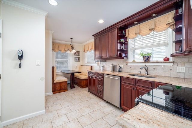 kitchen featuring sink, a wealth of natural light, dishwasher, and ornamental molding