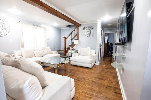 living room featuring beamed ceiling, crown molding, and hardwood / wood-style flooring