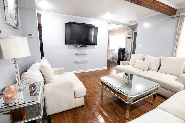 living room with hardwood / wood-style flooring, crown molding, and beam ceiling