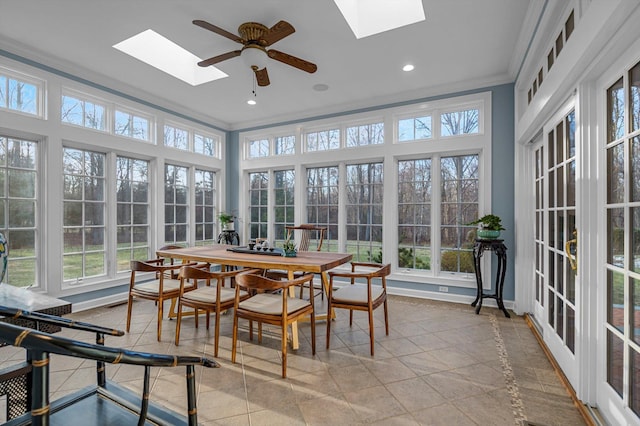 sunroom / solarium featuring ceiling fan and a skylight