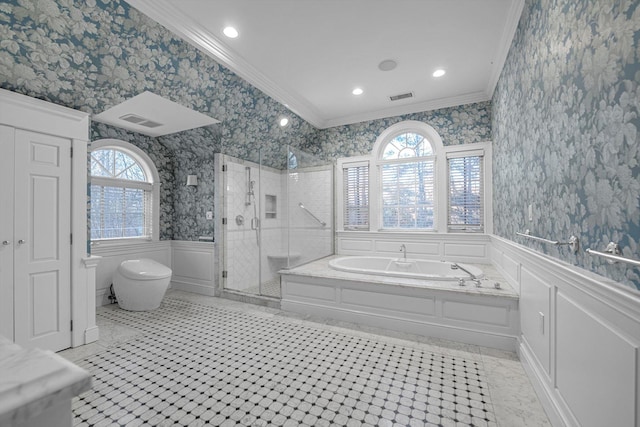 bathroom with independent shower and bath, ornamental molding, and tile patterned flooring