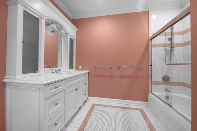 bathroom with combined bath / shower with glass door, vanity, tile patterned floors, and ornamental molding