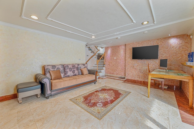 living room with ornamental molding and a raised ceiling