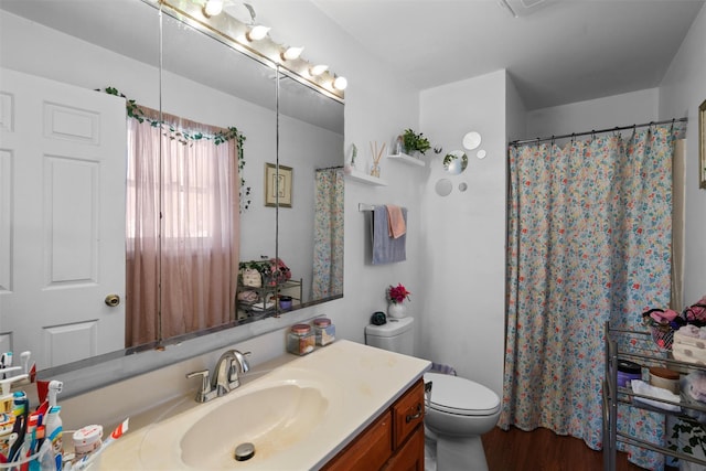 bathroom featuring vanity, wood-type flooring, and toilet