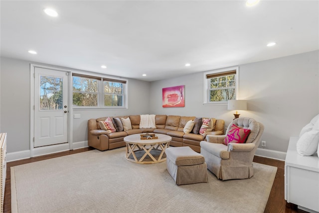 living room featuring baseboards, wood finished floors, and recessed lighting