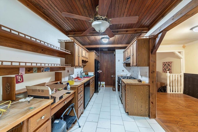 kitchen with wood ceiling, backsplash, sink, and black appliances