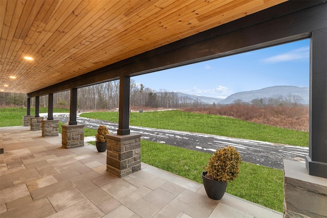 view of patio with a mountain view