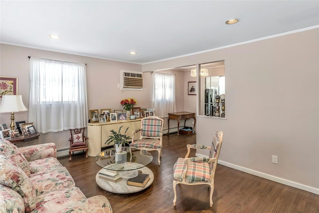 living room with a healthy amount of sunlight, dark wood-type flooring, ornamental molding, and a wall mounted air conditioner