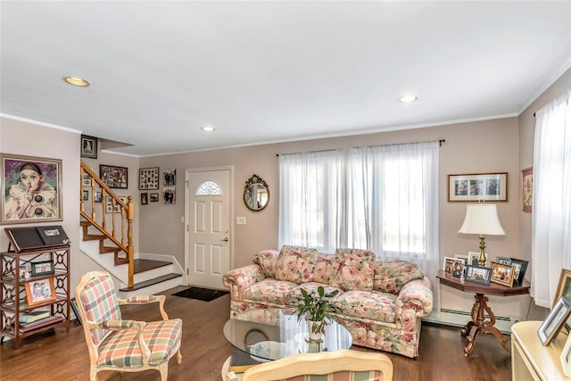 living room with baseboard heating, dark hardwood / wood-style flooring, and ornamental molding