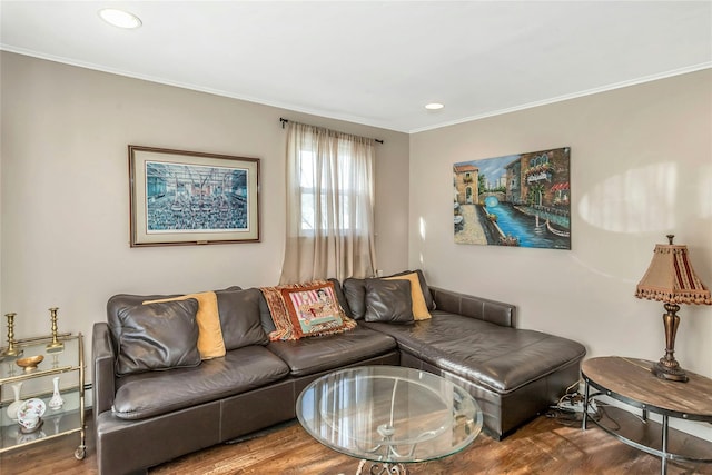 living room featuring hardwood / wood-style floors and ornamental molding