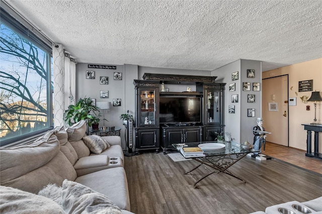 living room with dark hardwood / wood-style flooring and a textured ceiling