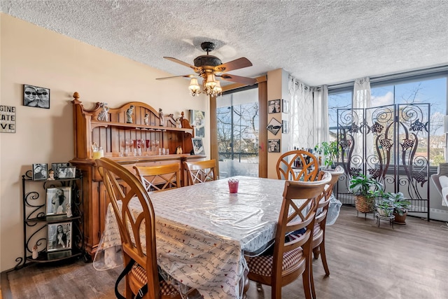 dining room with ceiling fan, dark hardwood / wood-style floors, and a textured ceiling