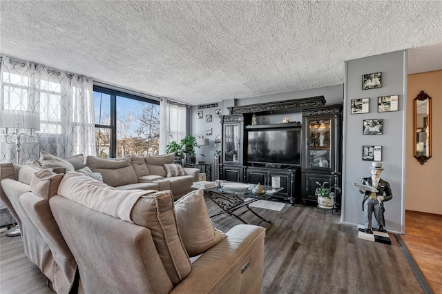 living room with dark hardwood / wood-style floors and a textured ceiling