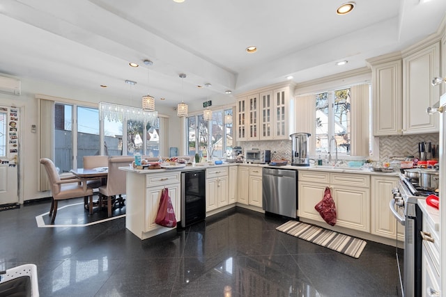 138-65 63rd Ave, Flushing, NY 11367 - kitchen featuring stainless steel appliances, beverage cooler, a peninsula, plenty of natural light, and recessed lighting