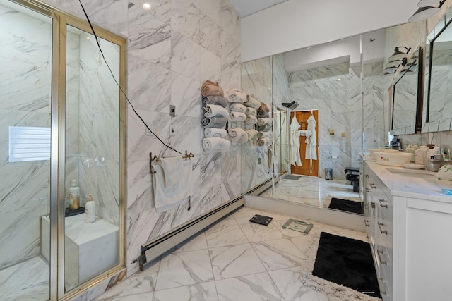 138-65 63rd Ave, Flushing, NY 11367 - full bath with baseboard heating, tile walls, a marble finish shower, vanity, and marble finish floors