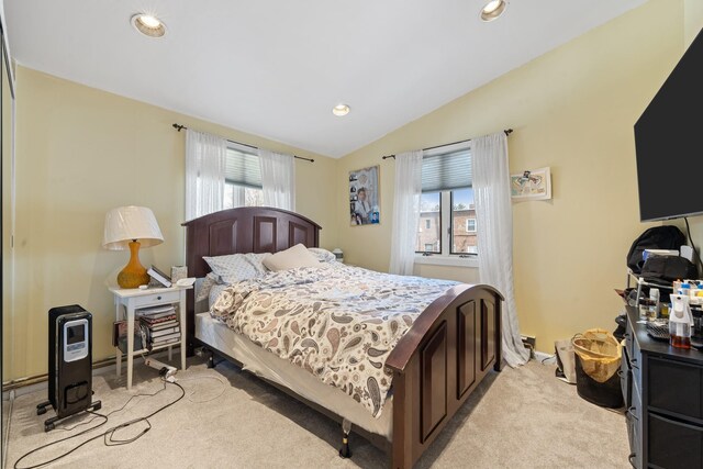 138-65 63rd Ave, Flushing, NY 11367 - bedroom featuring light colored carpet, multiple windows, lofted ceiling, recessed lighting, and baseboards