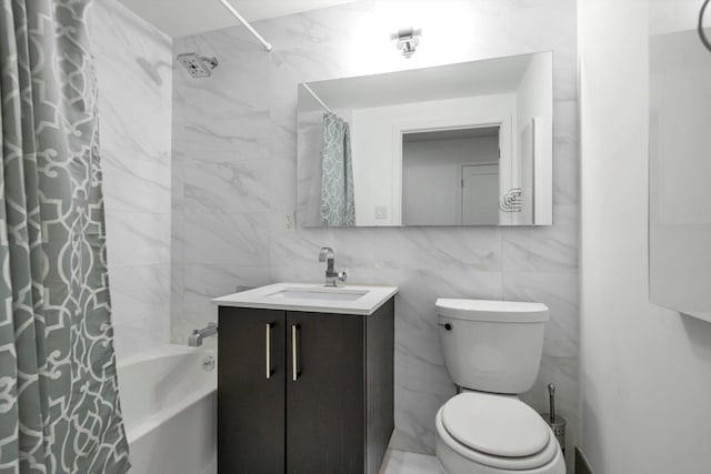 full bathroom with toilet, vanity, shower / bathtub combination with curtain, and tile walls