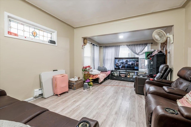 living room featuring a baseboard radiator and wood-type flooring