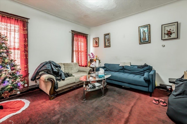 carpeted living room featuring a textured ceiling