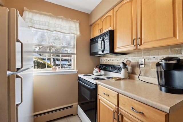 kitchen with light brown cabinetry, white refrigerator, a baseboard heating unit, electric stove, and backsplash