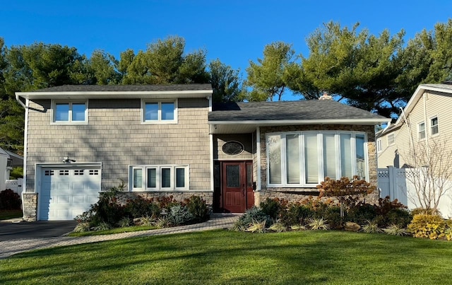 view of front of property featuring a front yard and a garage