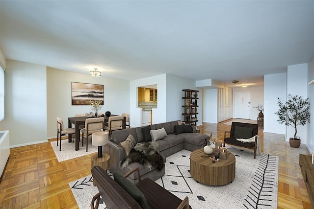 living room featuring light parquet flooring