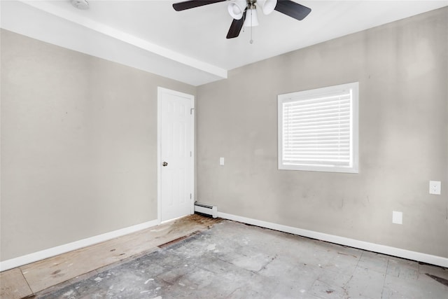 empty room featuring ceiling fan and a baseboard radiator