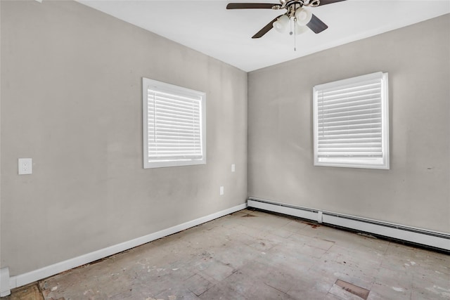 unfurnished room featuring ceiling fan and baseboard heating