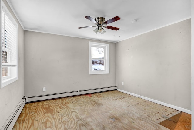 unfurnished room with crown molding, a baseboard radiator, light wood-type flooring, and ceiling fan